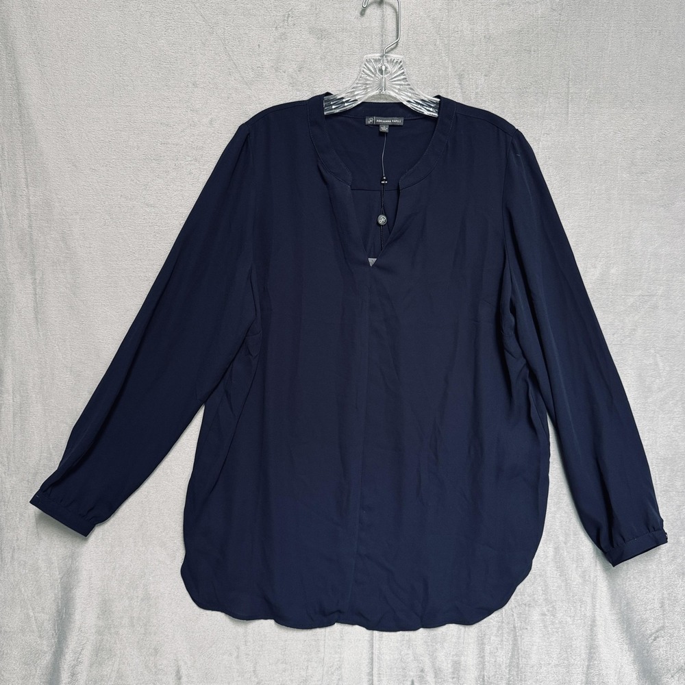 Adrianna Papell Blouse Womens Large Blue Long Sleeve Tunic V Neck Pullover
